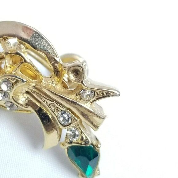 Vintage Green Rhinestone Mid-Century Style Clip On Earrings, Gold Tone Setting - Picture 4 of 7